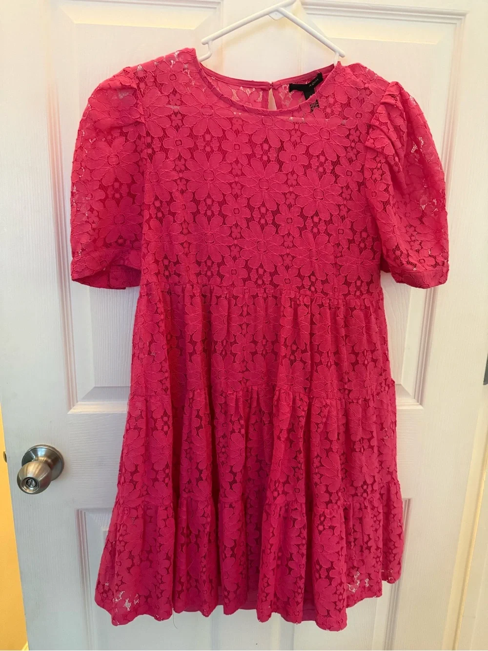 Aqua Bright Pink Lace Puff-Sleeve Babydoll Dress